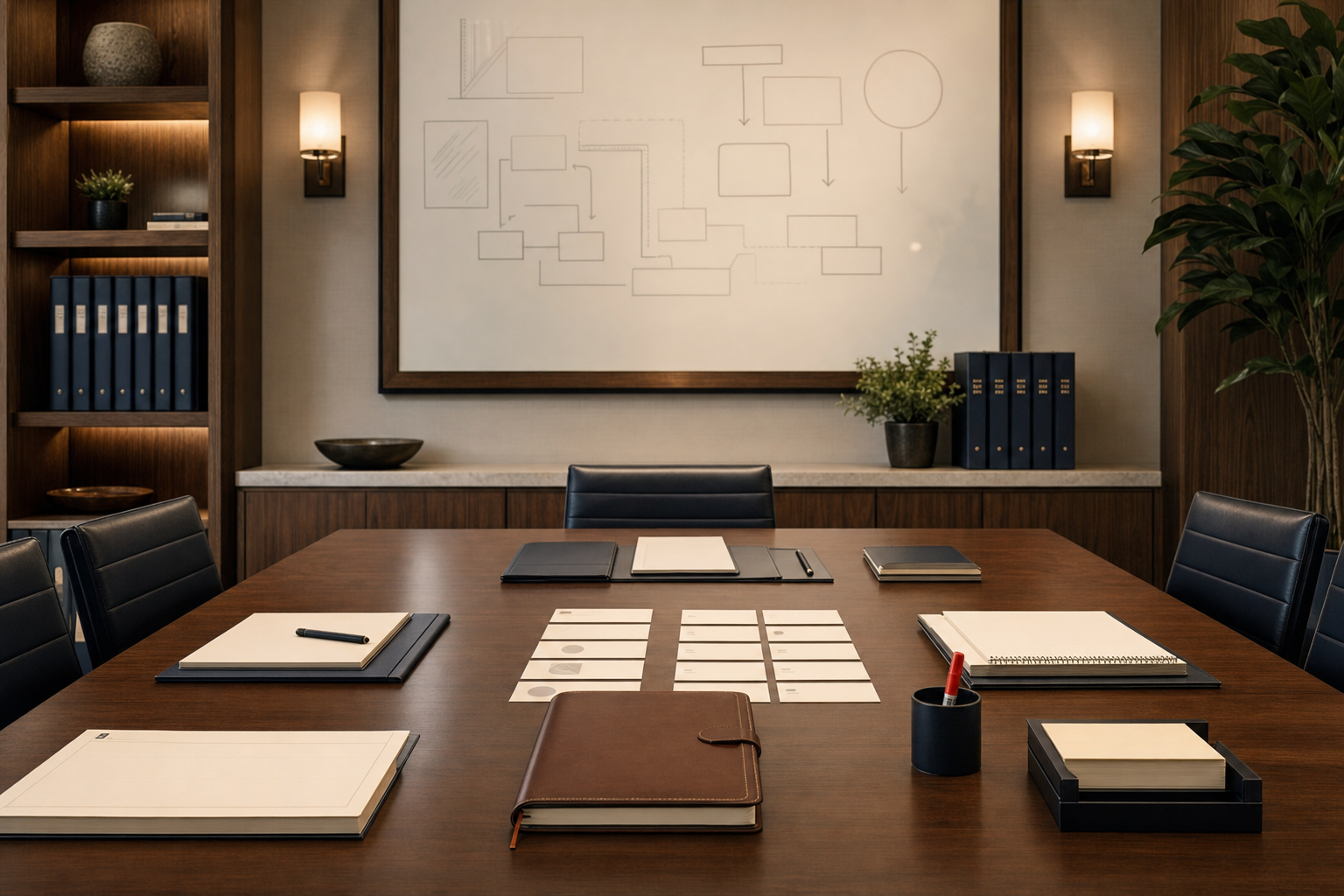 Clean conference table with structured advisor development materials and process cards