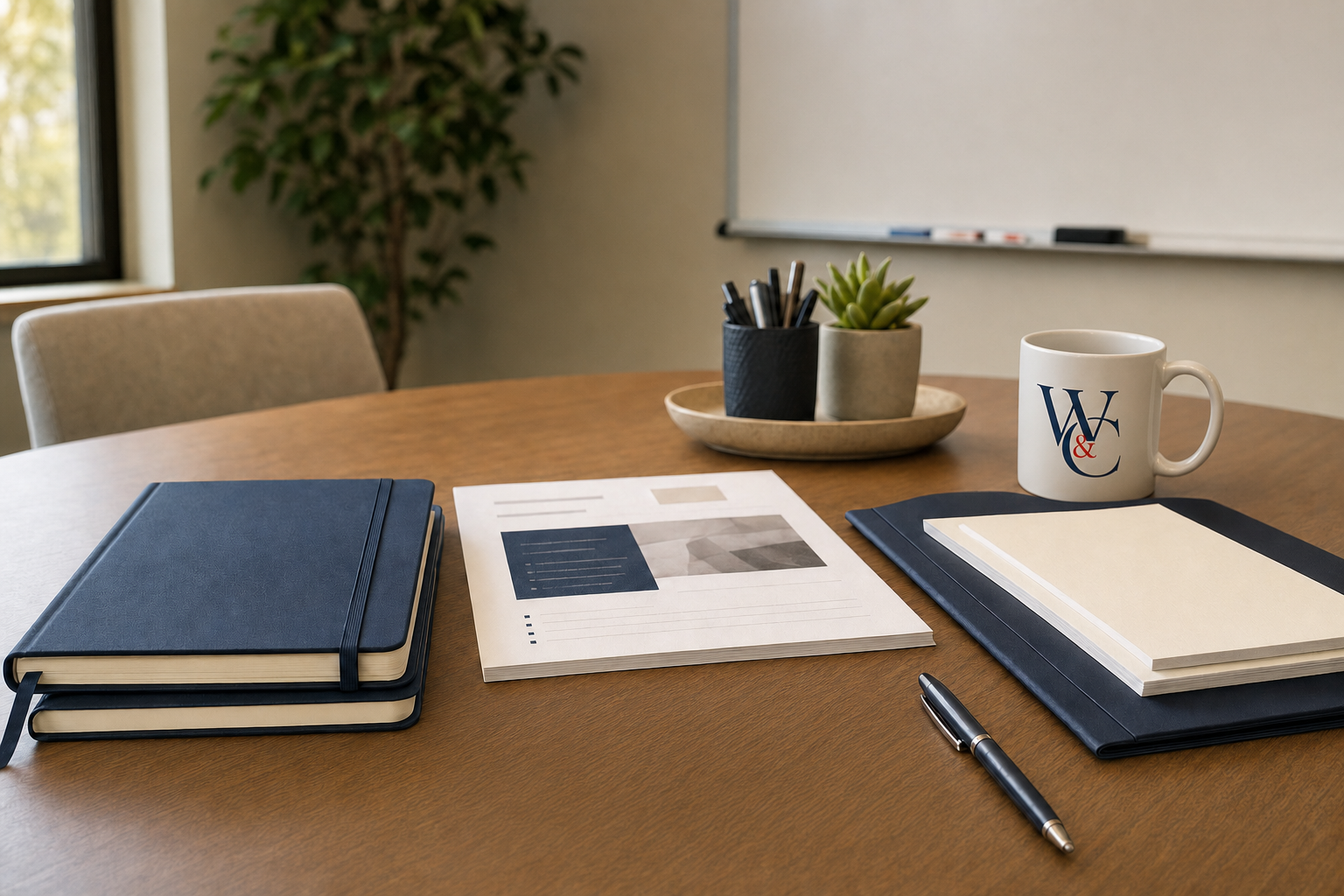 Advisor training worktable with planning materials and a W&C coffee mug