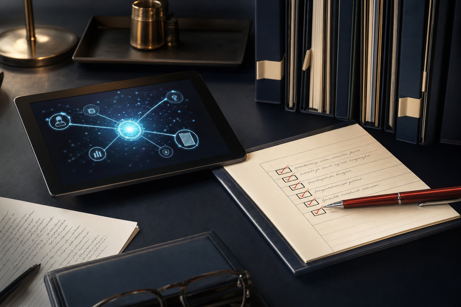 Advisor desk with a tablet, organized files, and handwritten checklist representing AI converted into practical judgment