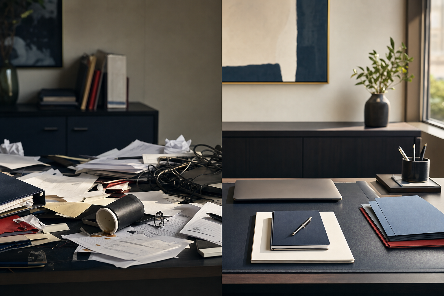 Chaotic desk beside a clean organized desk representing a practice moving from disorder to structure