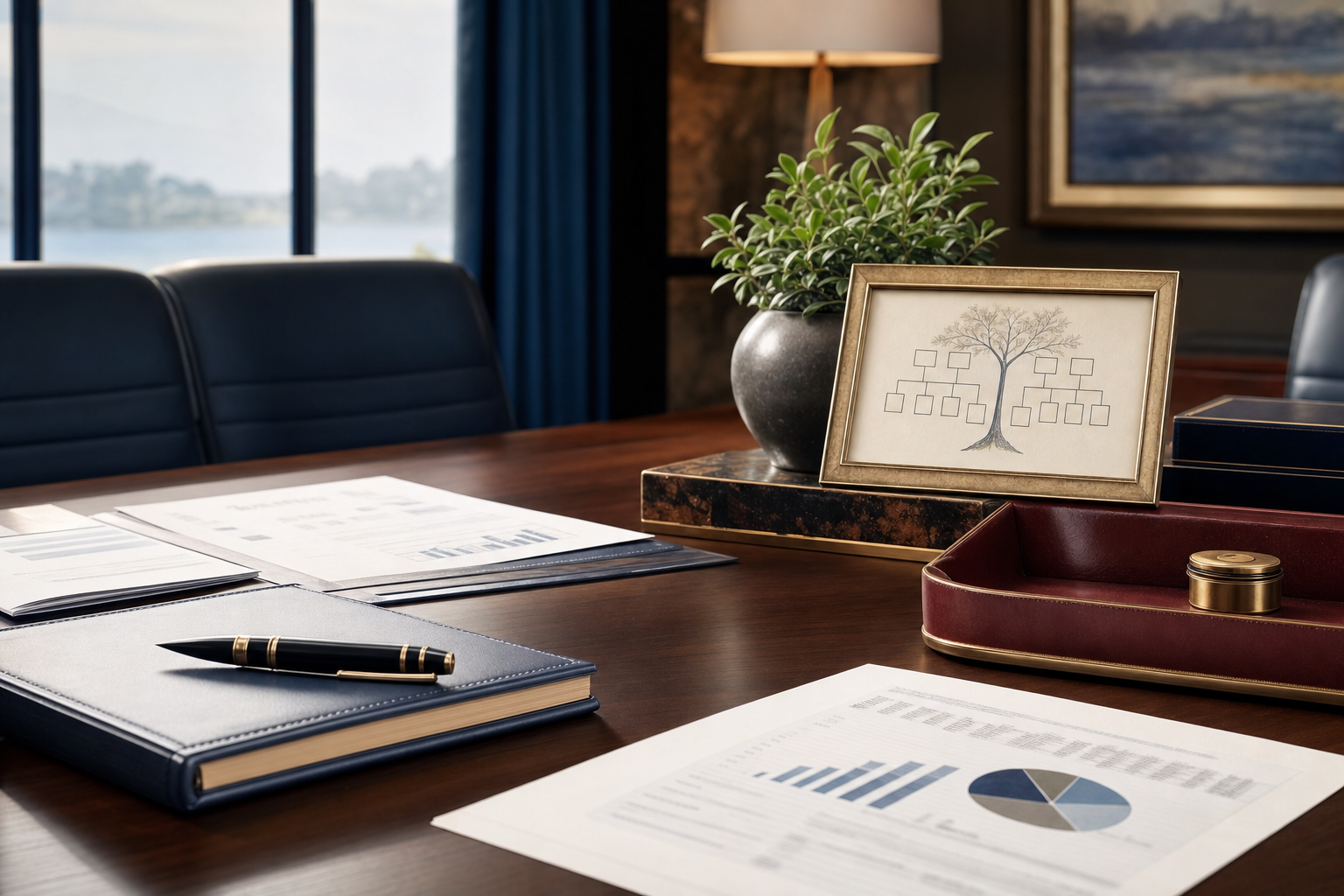 Professional advisory office table with planning materials representing generational client impact